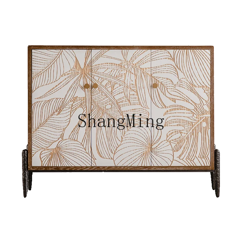 

LXY retro entrance aisle cabinet carved living room decorative locker solid wood medieval dining side cabinet