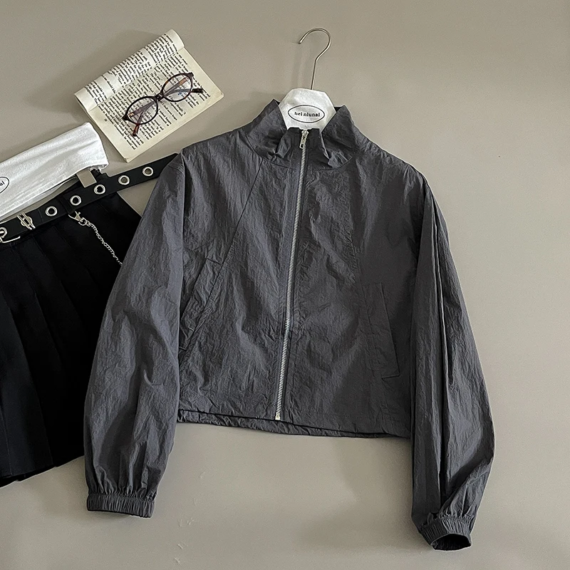 

Solid Gray Women's Stand Collar Jacket Zip Up Windproof Long Sleeve 2025 Autumn Thin Korean Style Versatile Cardigan Short Tops