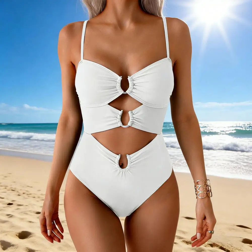 

Монокини с косточками и эффектом пуш-ап, цельный купальник с металлическими пряжками, ажурный дизайн, сексуальный, на бретельках, с V-образным вырезом, без спинки