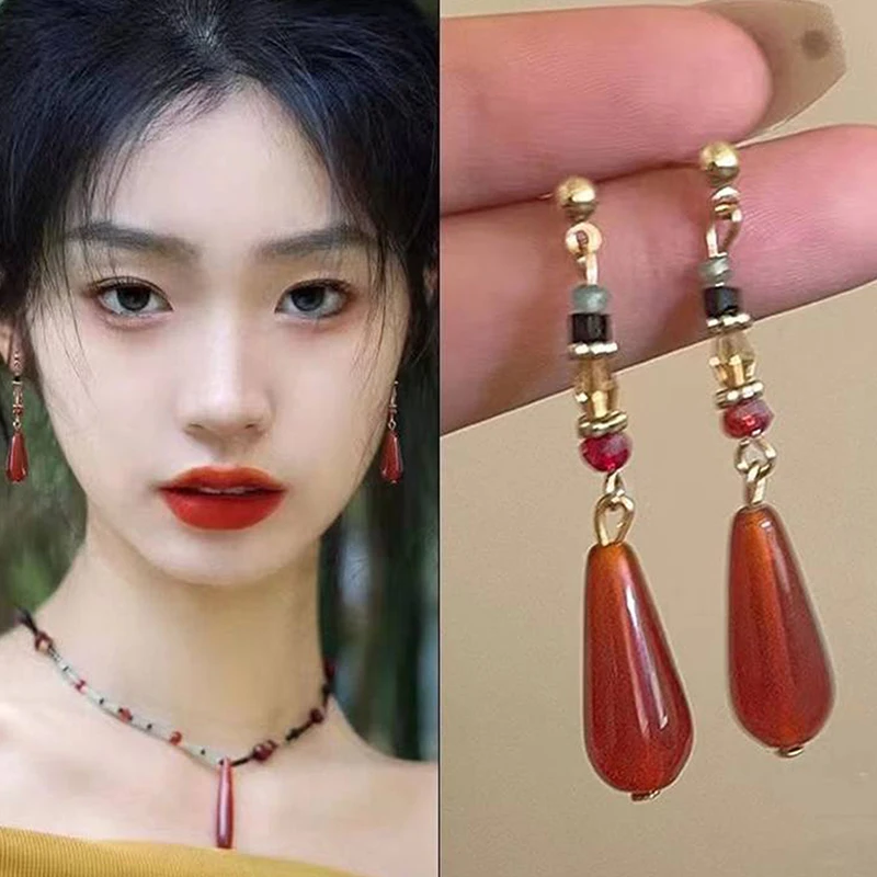 

Китайский стиль Hanfu этнические серьги модные красные капли воды кулон зажим для ушей пряжка длинные классические серьги ювелирные изделия подарок