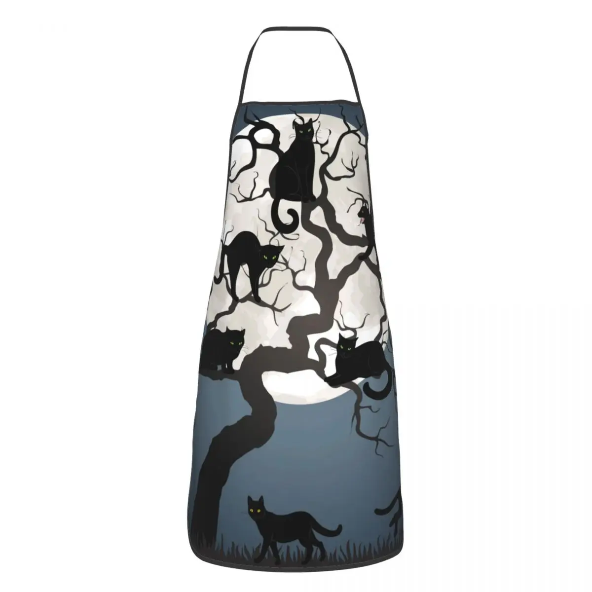 Custom Unisex Black Cat Full Moon Dead Tree Kitchen Chef Cooking Baking Apron Men Women Tablier Cuisine for Painting