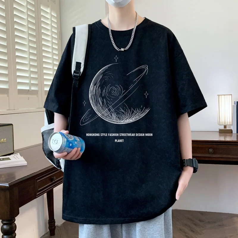 

Мужская хлопковая футболка большого размера с лунным принтом, мужские футболки большого размера с графикой 5XL, винтажная повседневная одежда, летние футболки для мужчин