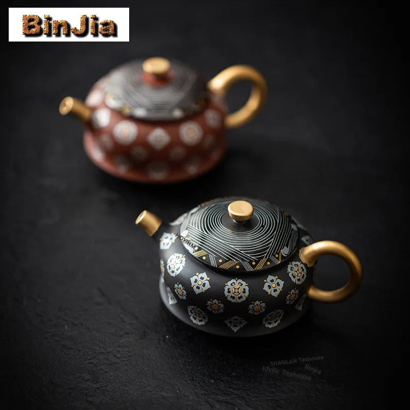 

115ml Purple Sand Gold Drawing Dezhong Teapot Creative Tea Infuser Pot Tea Making Kettle With Strainer Tableware Supplies Craft
