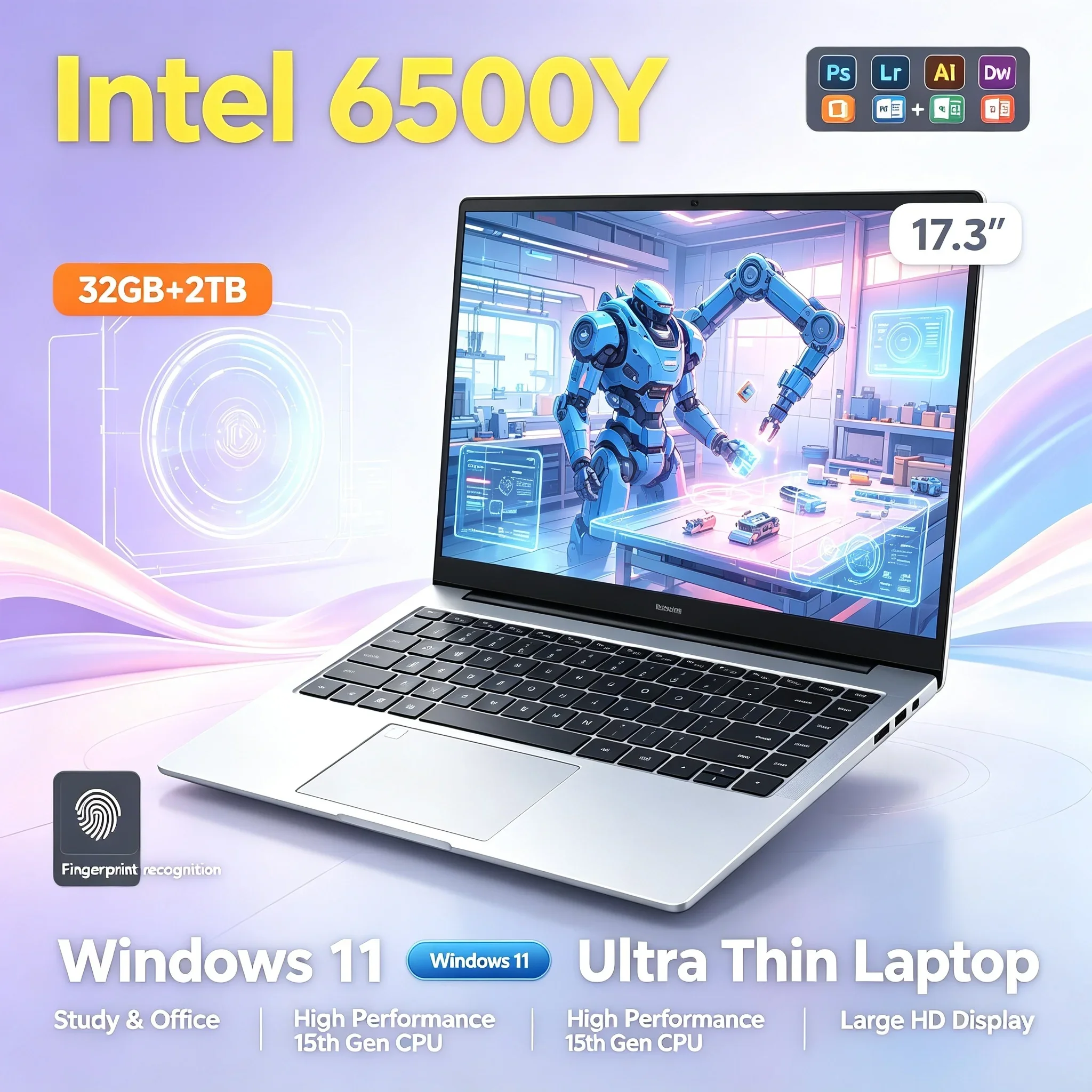 17.3'' Inch Portable HD Laptop Intel 6500Y 32GB RAM 1TB 2TB SSD Windows11 BT5.2 WiFi6 Notebook For Office Daily Task