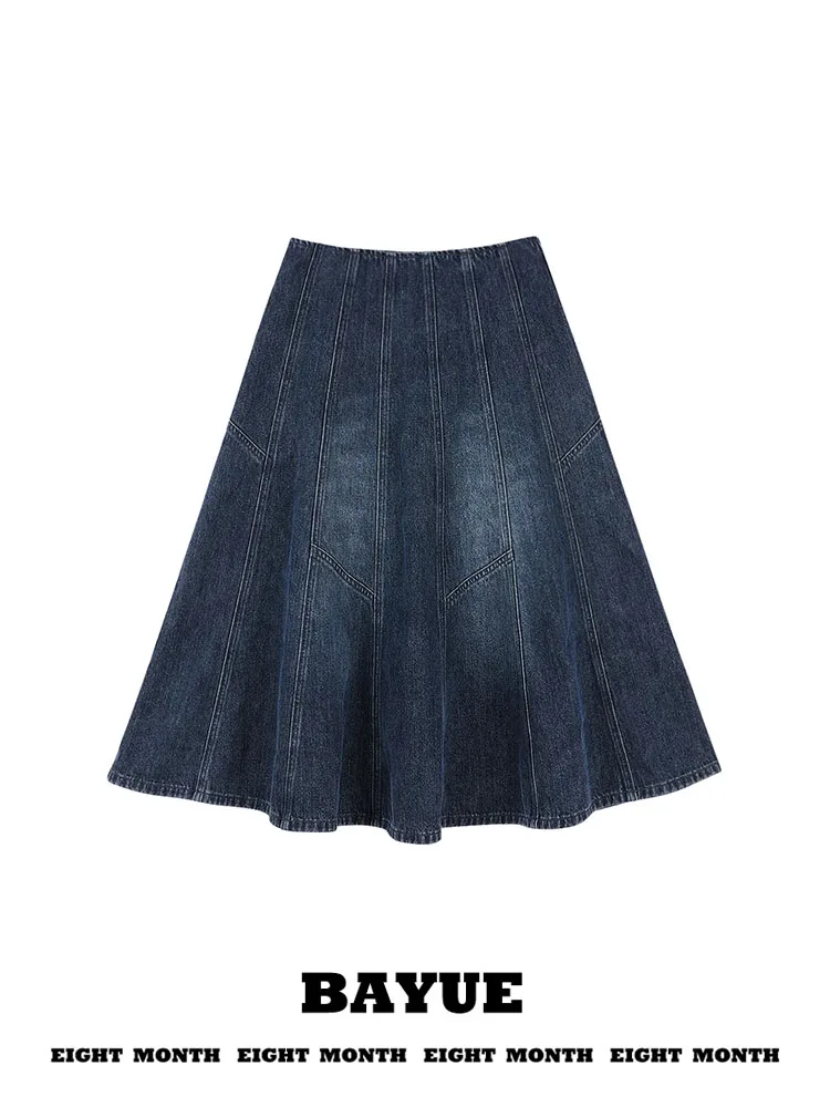 Vintage Patchwork Thickened Mid-Length A-Line Denim Skirt for Women Autumn Winter Versatile Large Skirt High Waist City Commute