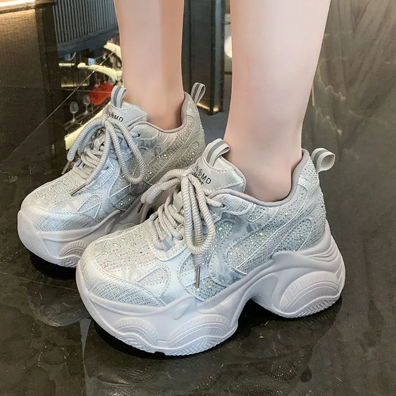 

2026 Luxury 8CM Versatile Full Diamond Dad Shoes for Women New Style Rhinestone Sneakers Thick Bottom Sports Street Casual Shoes