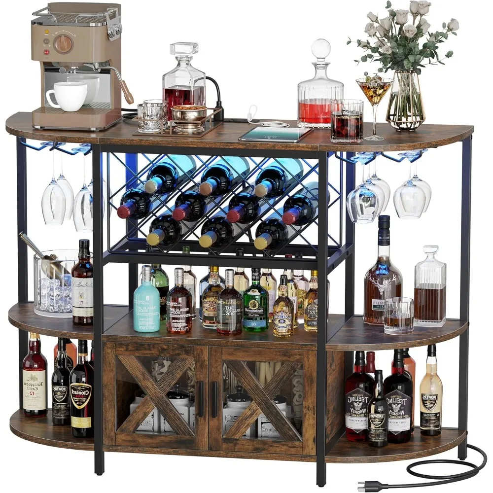 Wine Cabinet.Bar Table Cabinet with Power Outlet, LED Home Mini Coffee Bar Cabinet for Liquor, Metal Wine Cabinet Bar Stand