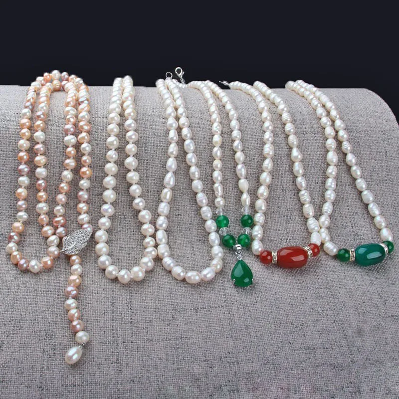 Natural Pearl Necklace Threaded Freshwater Pearl Necklace with Jade Pendant Mom Chain Stall Model Jade Supply