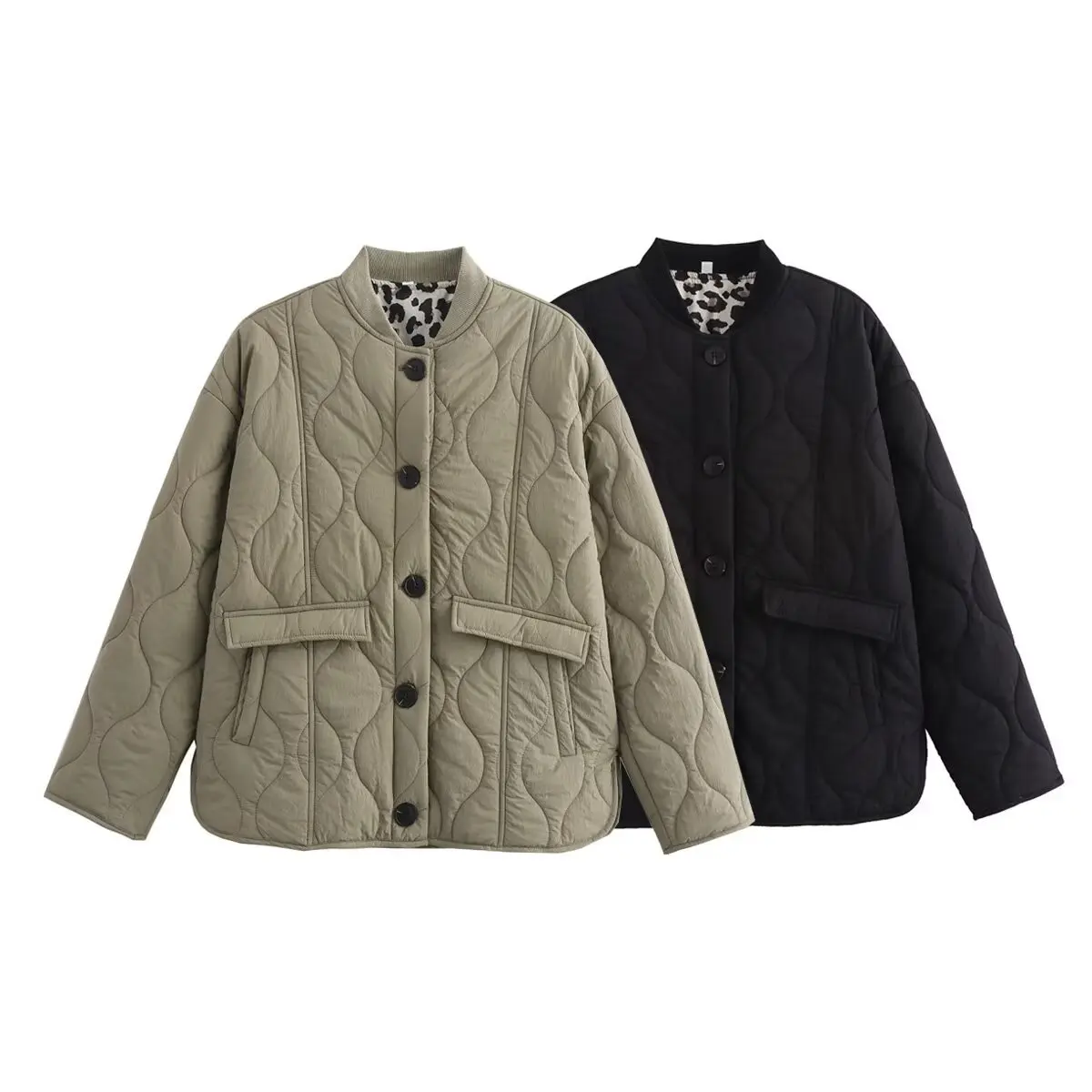 F/W Tri-Color Leopard-Print Lined Cotton Jacket OEKO-TEX Certified Ribbed Collar Construction Pantone Oversized Workwear Luxe