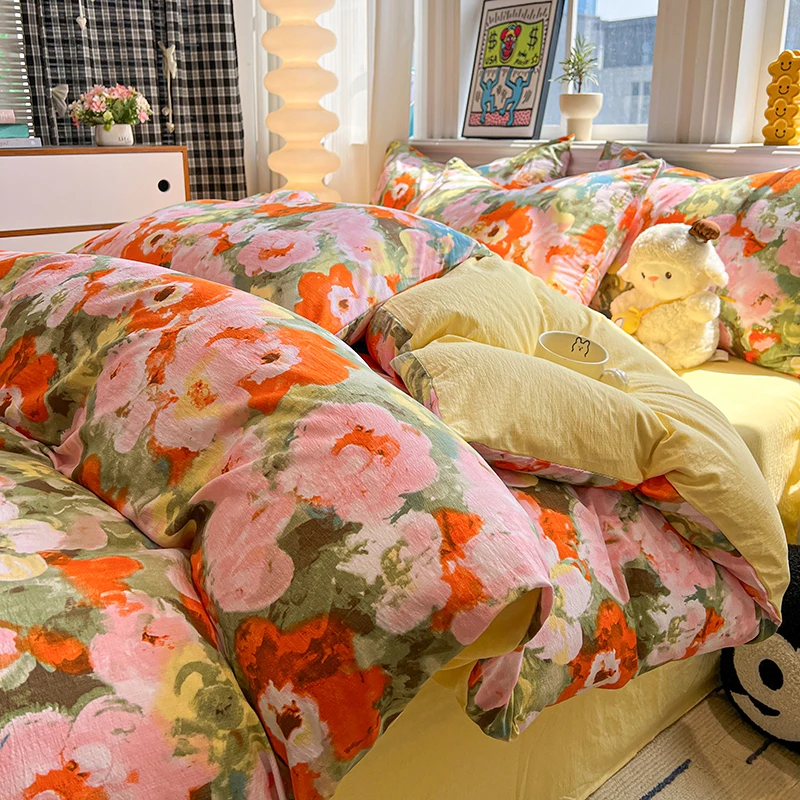 Juego de Ropa de Cama de Gasa de Doble Capa con Estampado Floral, Juego de Sábanas Individual/Queen/King, Ropa de Cama Suave Doble