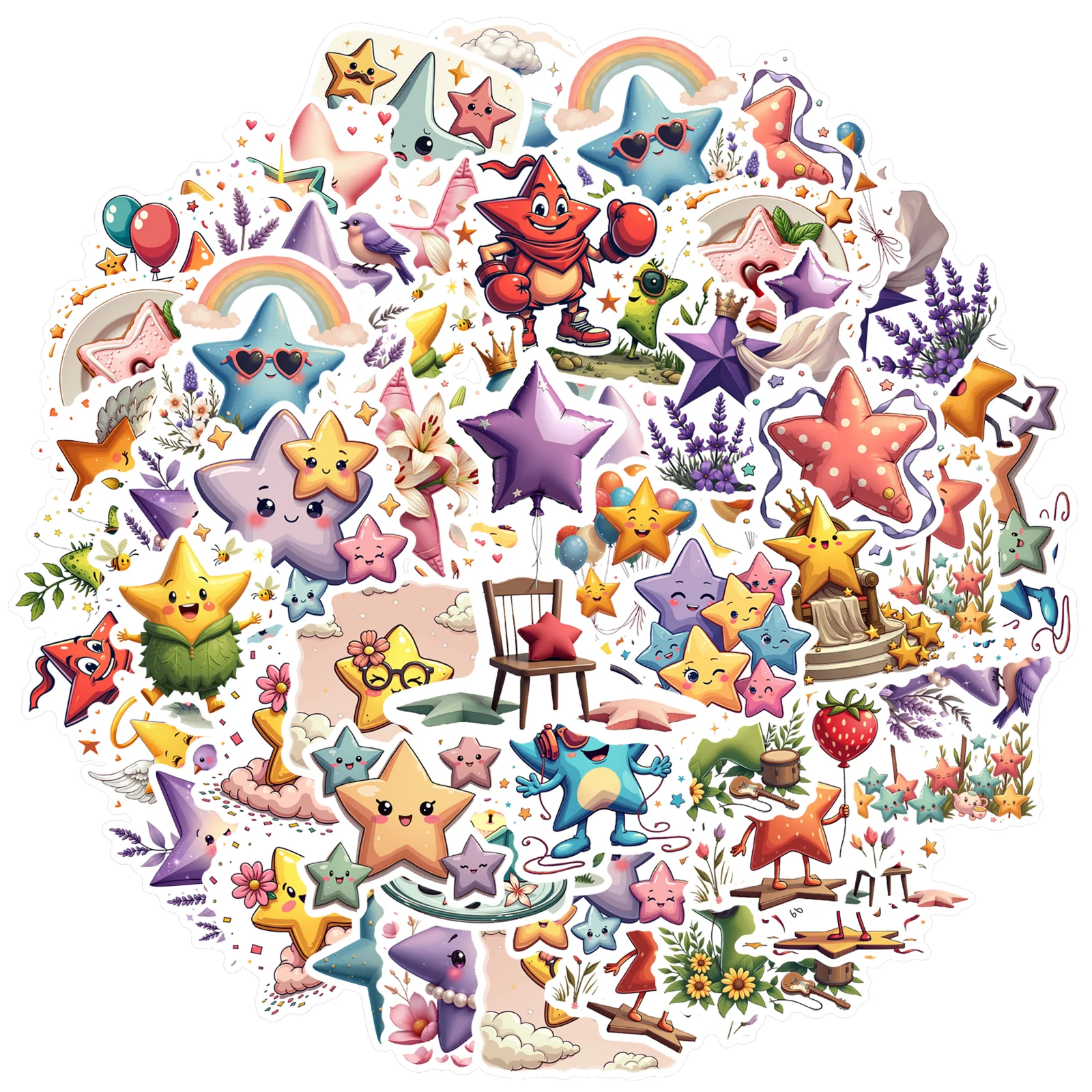 35-100pcs Cheerful Star Stickers Cartoon Graffiti Sticker Notebook Helmet Guitar Aesthetic Cute Sticker Decal Stationery