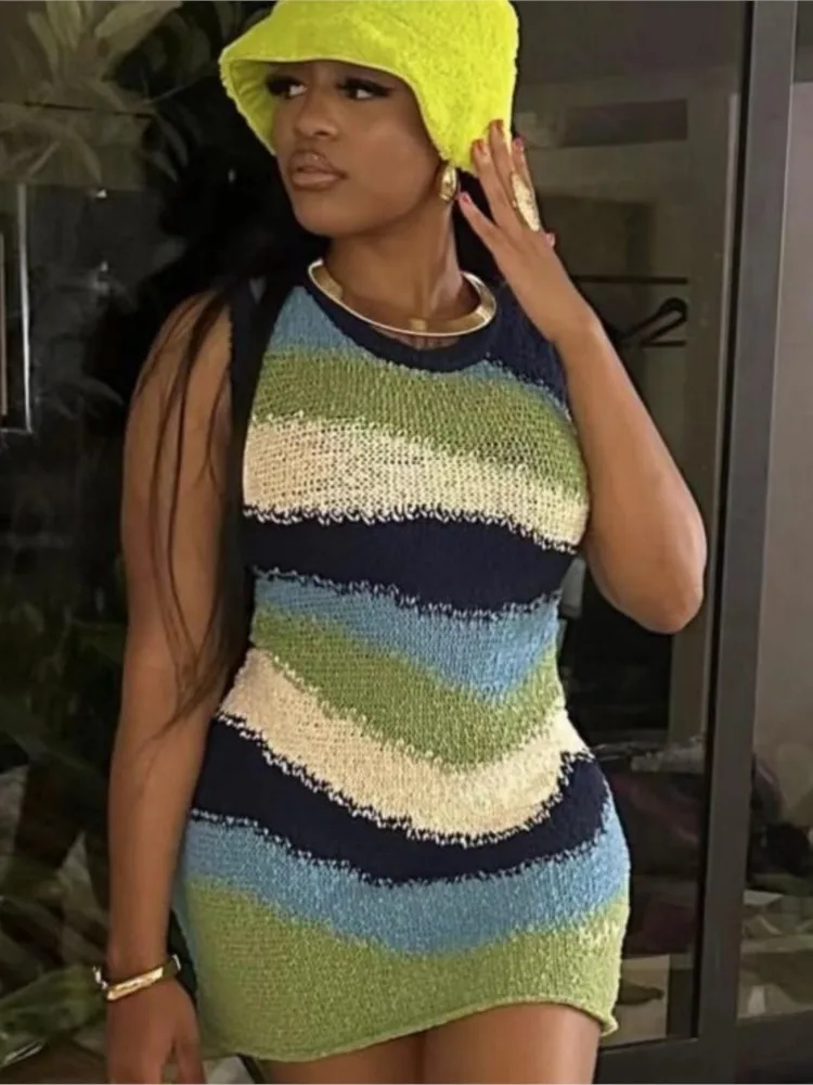 

Trendy Dress Vestidos Dresses 2025 Woman Contrast Striped Sleeveless Slim Knitted Women's Clothing Simple Style Sexy Commuting