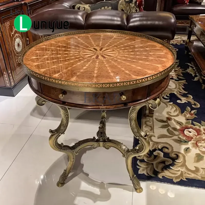 British Classic Solid Wood Round Coffee Table with Metal Decoration Unique Design for Living Room Home Furniture Decor