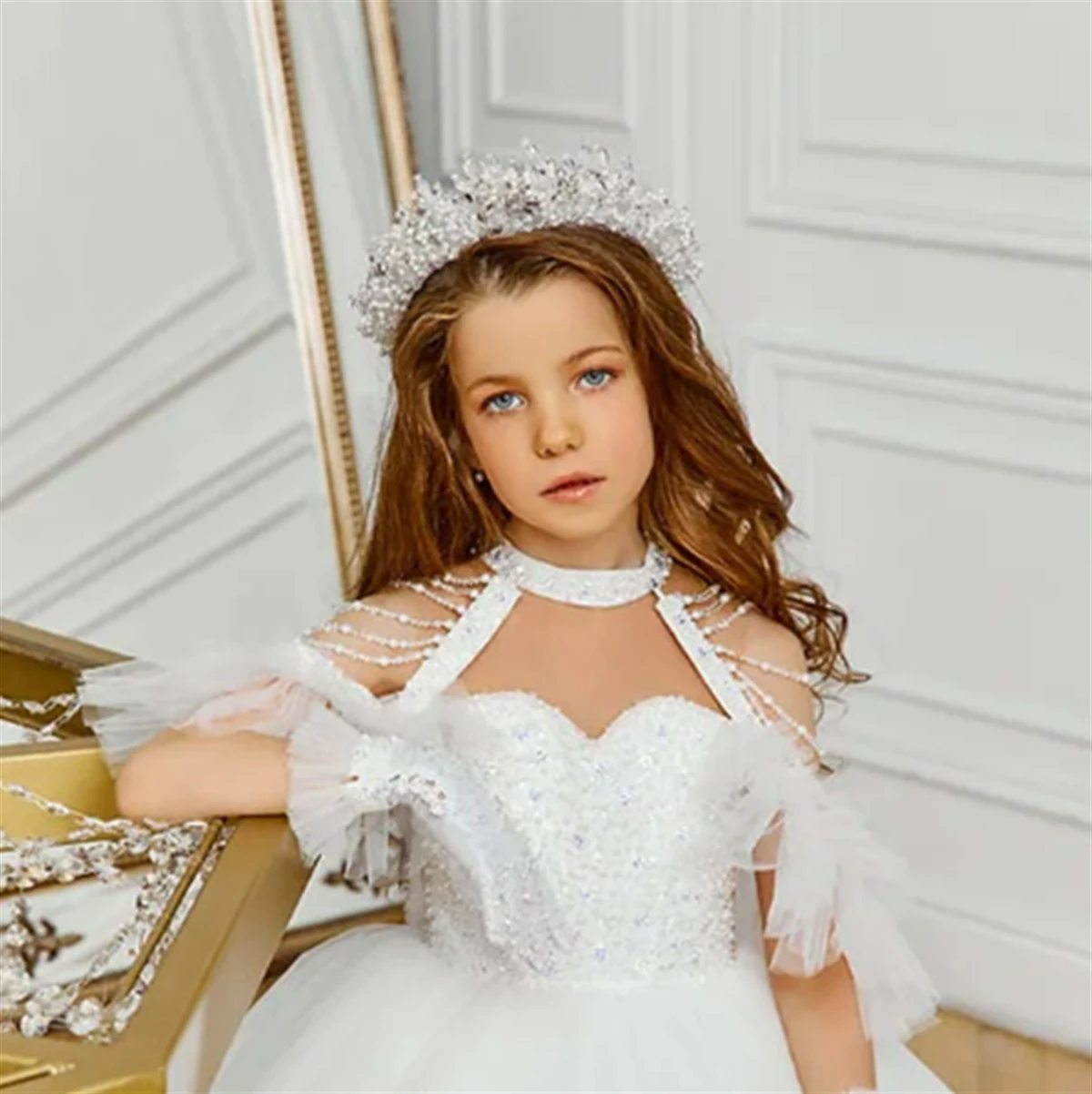 Flower Girl Dress White Fluffy Layered Tulle Sparkle Applique Wedding elegante Flower children's First eucaristic Party Dress