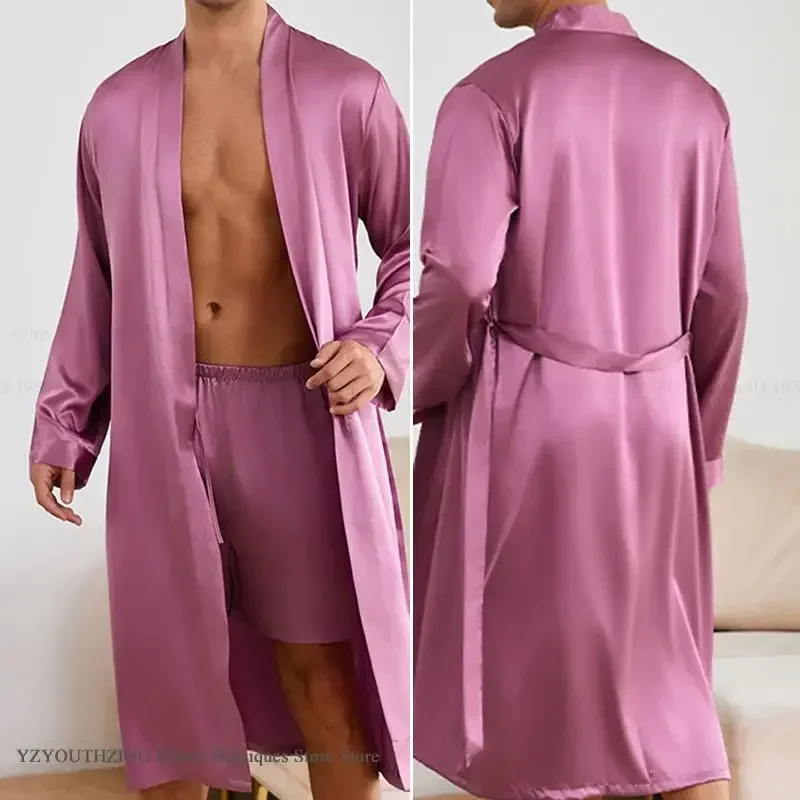 남성 롱 로브 숏 파자마 세트 봄 여름 잠옷 루즈 캐주얼 기모노 목욕 가운 실키 새틴 홈웨어 라운지웨어