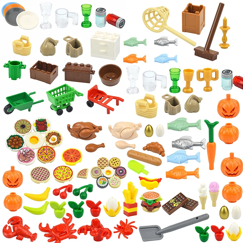 MOC City Mini Building Block Food Accessories Fish Tool Bread Hot Dog Cake Pizza Fries Chicken Pumpkin Apple Figures Brick Toy