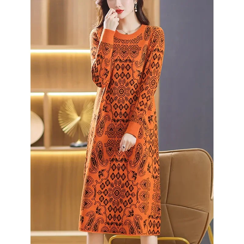 Women\'s Clothing O-neck Loose Casual Wool Long Dress Autumn Winter New Soft Elastic Printing Elegant Knitted Dress