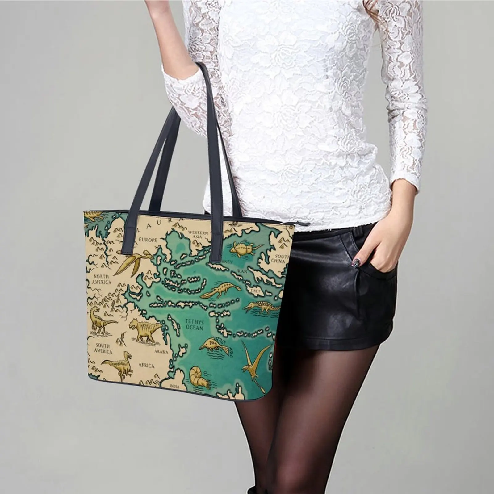 Vintage Map Handbags Supercontinent Pangaea PU Leather Shoulder Bag Lady Work Designer Tote Bag Ziplock Retro Beach Bags