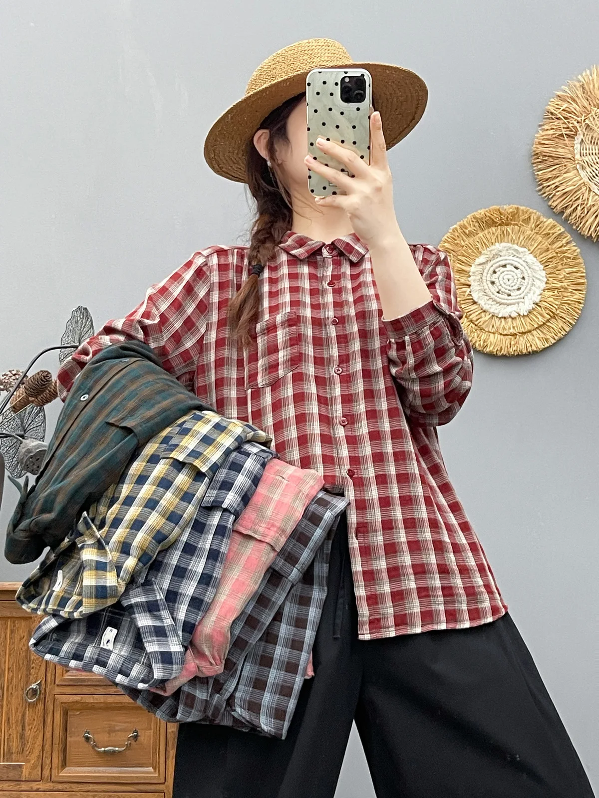 

2026 Vintage Double Layers Cotton Yarn Soft Sweet Plaid Long Sleeve Shirt Blouse Women Checkered Shirts Vintage Clothing