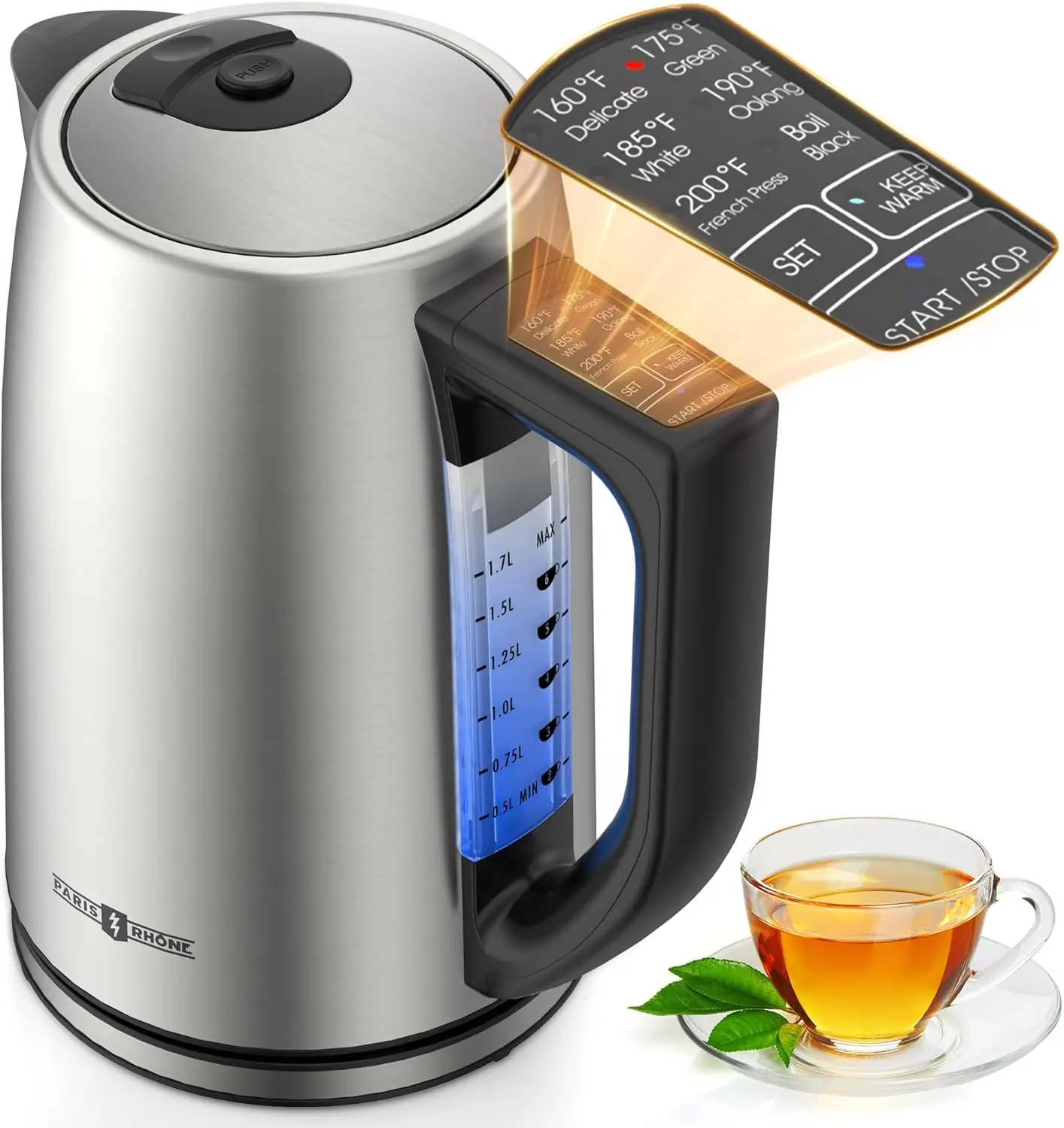 

Electric Kettle with Temperature Control, 1.7L Stainless Steel, LED Light, Fast Heating 1500W, Auto Shut-Off & Warm Keep