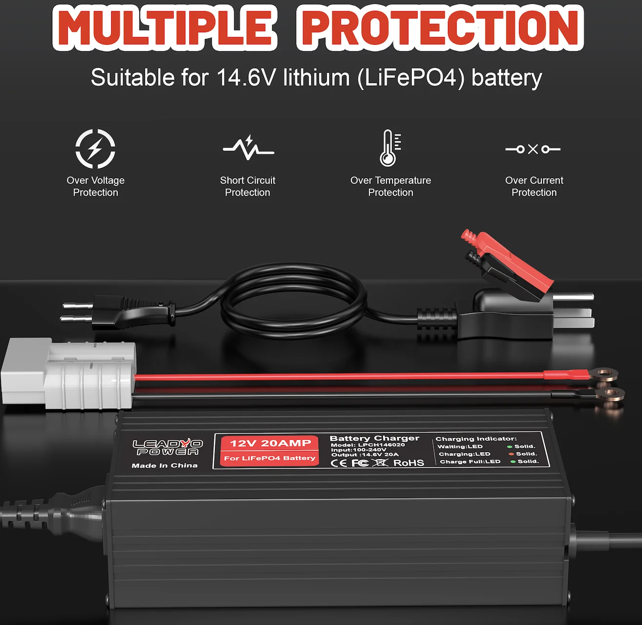 Nabíječka 14,6 V 20 A, 12 V LiFePO4 baterie, hliníkové pouzdro, pro 12 V lithium-železo-fosfátové baterie, inteligentní nabíječka pro karavany a obytné vozy. - náhled 2