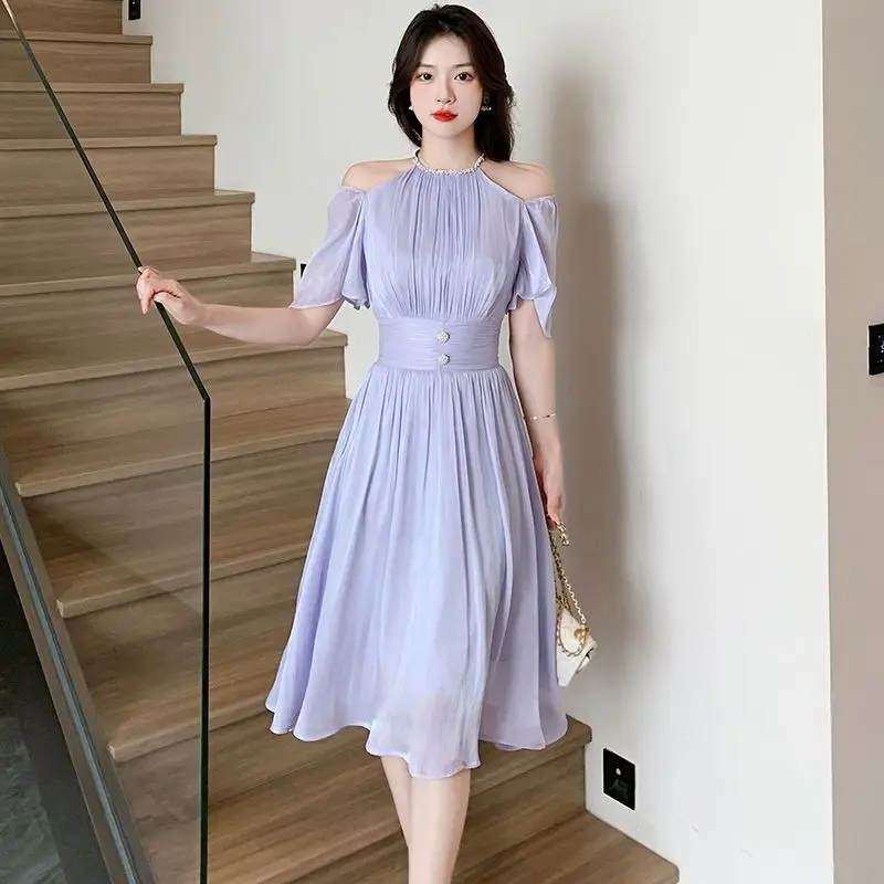 

Summer Fashion New Women's Slim Fit Dress Commuting High Street Off Shoulder A-line Dress