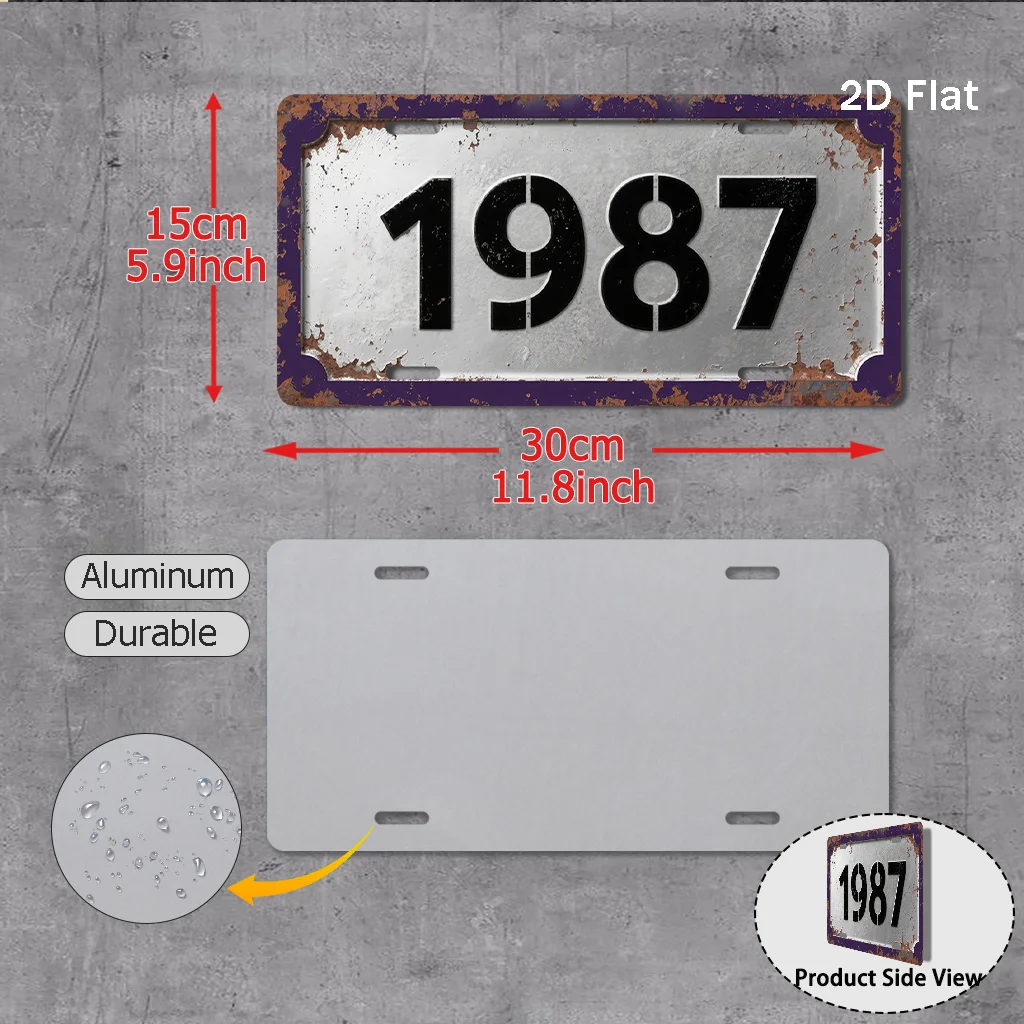 2D Flat, 1pc 1987 Vintage Metal Sign - Retro Car Number Plate with 1987 Year Sign, Fit for Vehicles, Garage & for Man Cave Decor