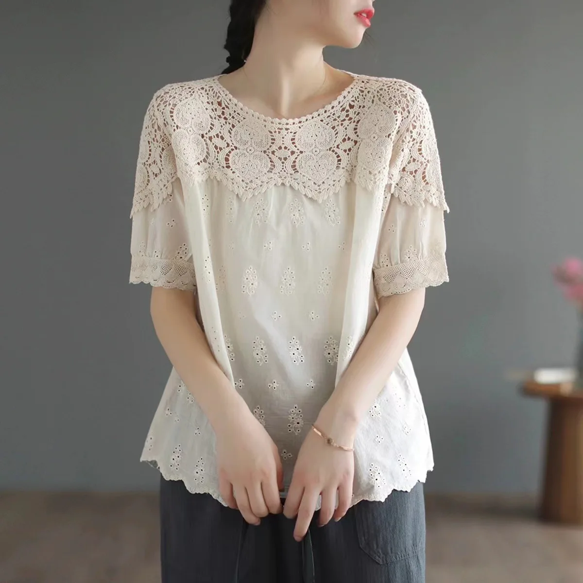 New Spring Cotton Short Sleeve Shirt Women Lace Hollow Out O Neck Top Girl Loose Sweet Chic Casual Blouse 2024 Summer T45947QM