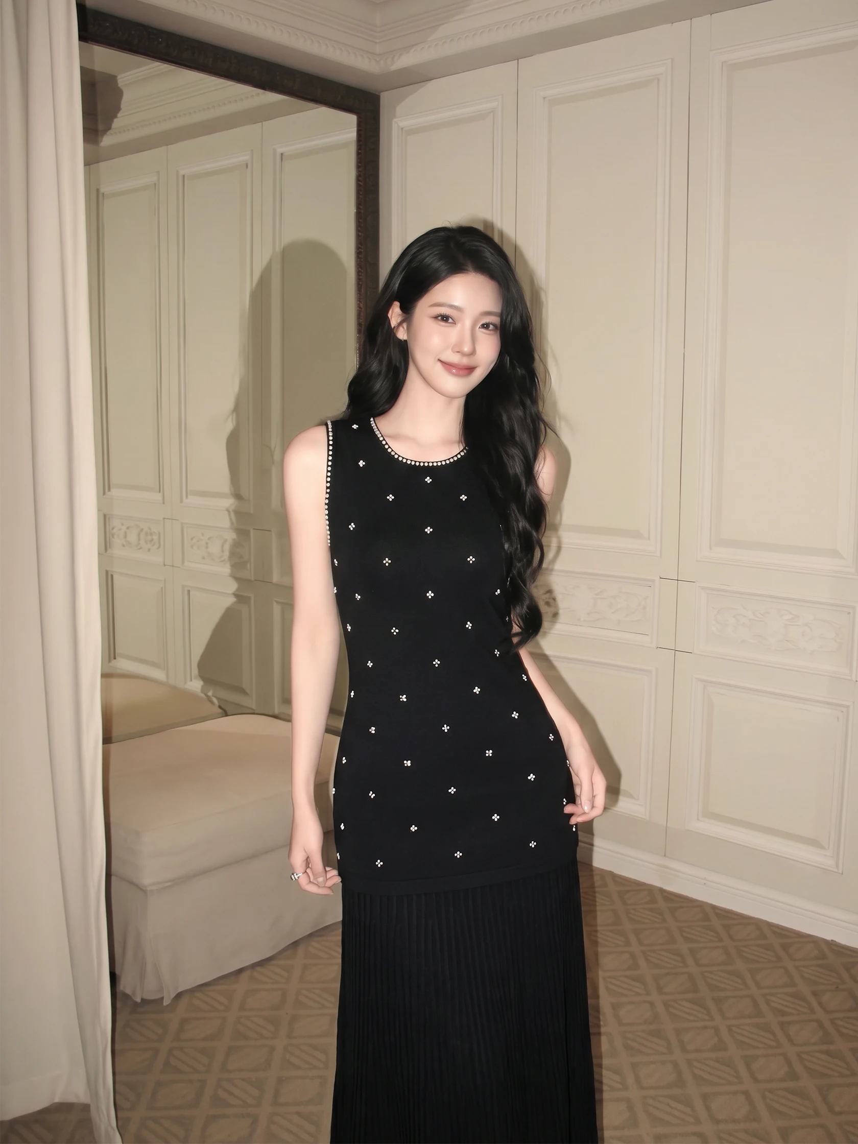 

Black Color Block Long Sleeveless round Neck Diamond Decorated Dress High Waist Gown Summer Elegant Style Women's D...