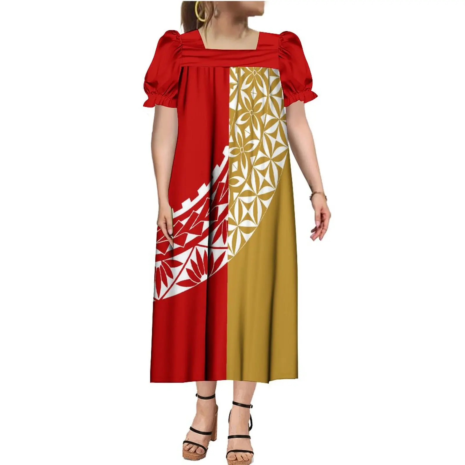 Polynesian Hawaiian Quality Upscale Dress Samoa Multicolor Prints Tribal Style MUMU Women Square Neck Short Sleeve Midi Dress