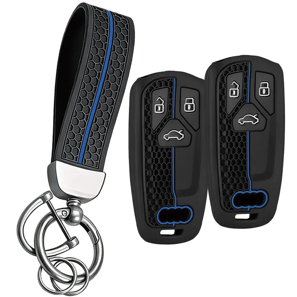 Athletic Red Edge Silicone Wrap With Keychain For Audi Q5 Q7 4M A6L S4 Anti-drop 3 Button Keyless Smart Key Cover