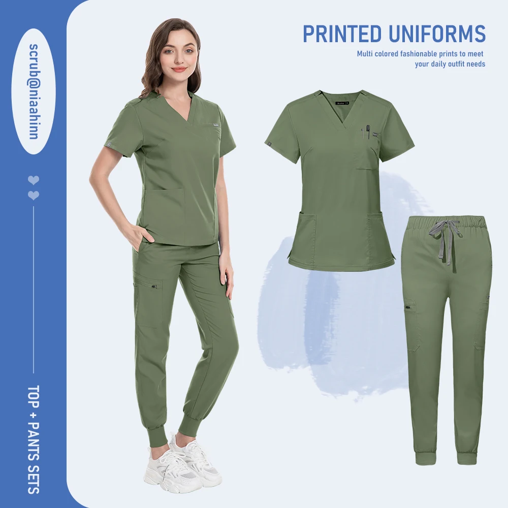 Niaahinn Uniform Schönheitssalon Haustier Krankenhaus Medizinisches Peeling Krankenpflege Krankenschwester Peeling V-Ausschnitt Tops Scrub Jogger Sets Hochwertige Uniformen – Detail 15