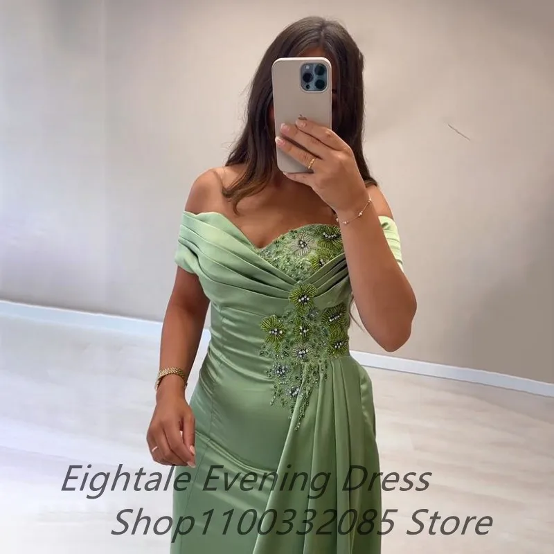 Eightale Aus Shouder Gras Grüne Meerjungfrau Abendkleid Perlen Lange Luxus 2022 Dubai Frauen Satin Formale Party Kleid