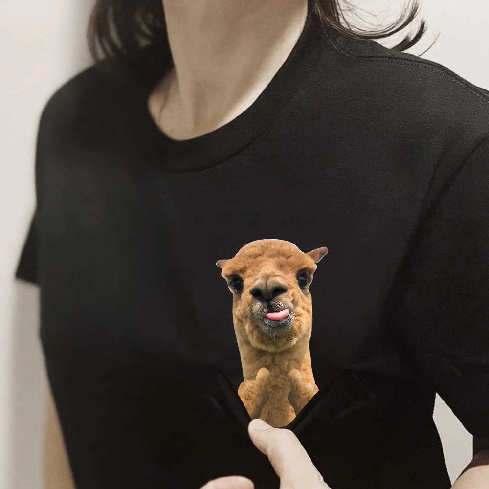 CLOOCL Funny Alpaca Cotton T-Shirts Lama Alpacos Double Middle Finger Printed Pocket T-shirt Women Clothing Short Sleeve Tees