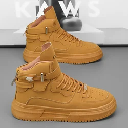 Men Platform Sneakers Comfort Leather Lace-up Men Khaki Sneakers Simplicity Design Men's Skateboard Shoes Fashion High Top Shoes