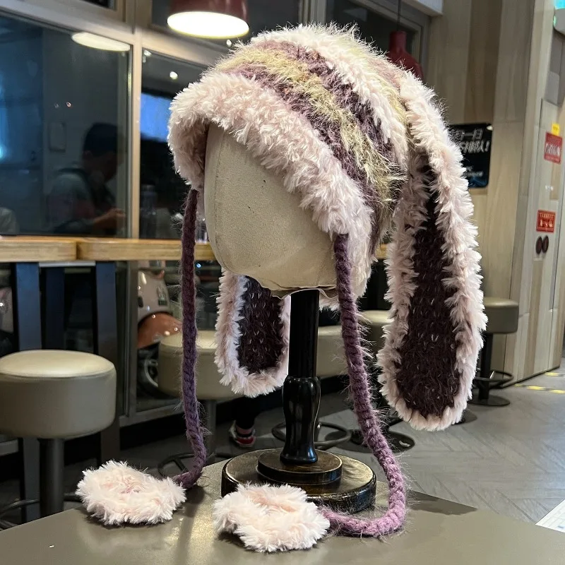 

Шапки с кроличьими ушками для женщин, новые зимние толстые милые вязаные шапочки с защитой ушей, цветные шапочки Skullies