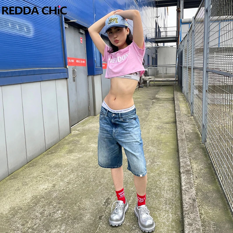 

ReddaChic Retro Blue Wash Women Denim Shorts Skater Blank Patched Whiskers High Rise Straight Baggy Jorts Casual Summer Clothes