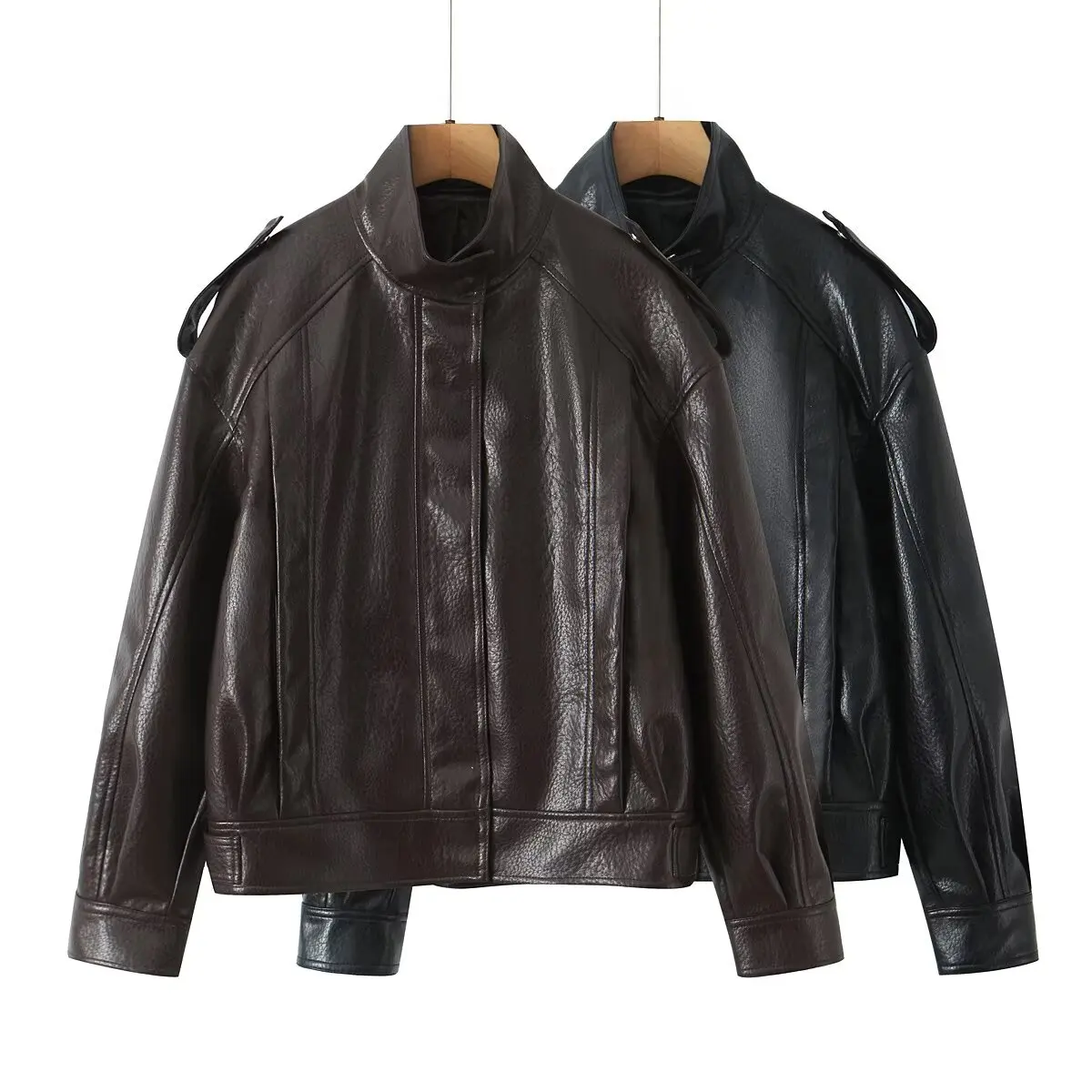 

2026 Autumn Winter Lady Outerwear Street Stand Collar Women's Leather Jacket Loose Long Sleeve Zipper Pockets Chic Female Coats