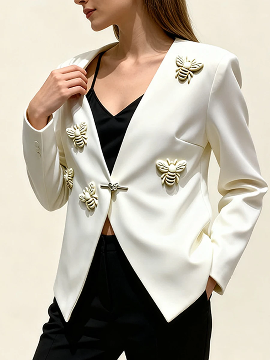 

Элегантный белый женский пиджак с длинным рукавом, приталенный, с роскошным декором в виде пчелы, из полиэстера, для повседневной носки, деловых встреч и свадеб