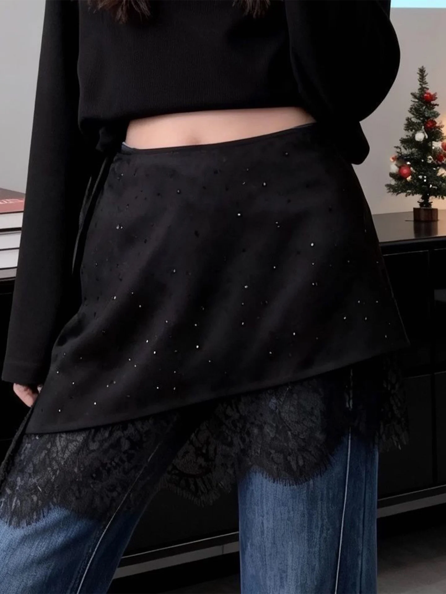 Black Rhinestone Lace Skirt Half-length Casual Outerwear Women's Summer 2026 Versatile High-waisted A-line Skirt