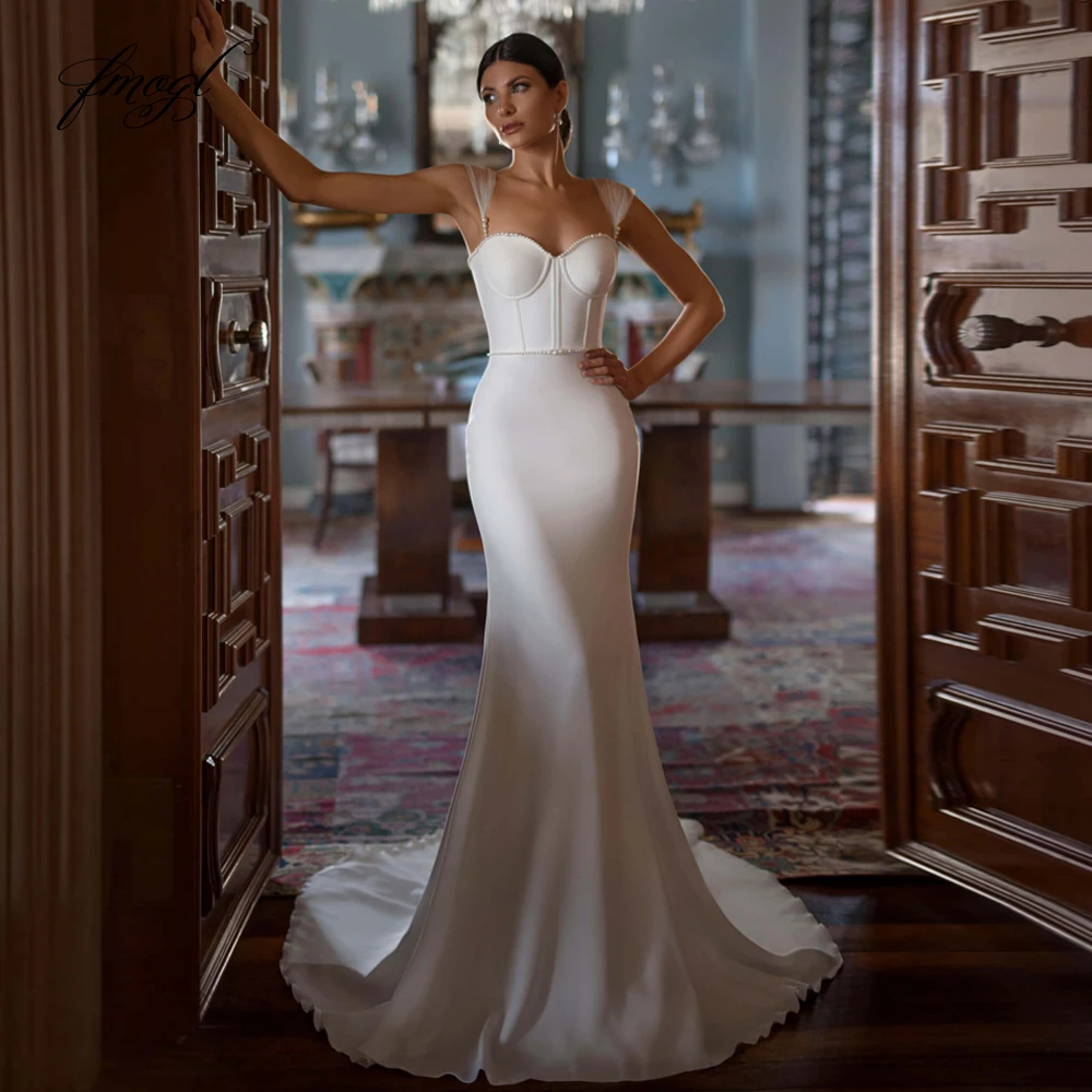 

Fmogl сексуальный милый пояс с жемчугом, мягкий атлас, свадебные платья русалки, роскошные бретельки, свадебное платье с скользящим шлейфом