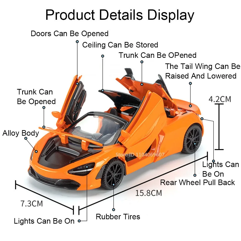 1:32 720S 765LT Toy Sports Car Models Alloy Diecast Mini Supercars Sound Light Doors OPened Pull Back Collection for Child Gifts