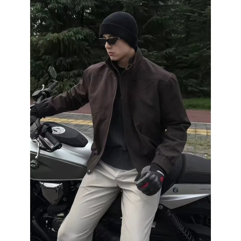 New 2025 Autumn Men's Vintage Brown Stand Collar Jacket Men Retro Biker Style Casual Outerwear Streetwear Fashion Jackets