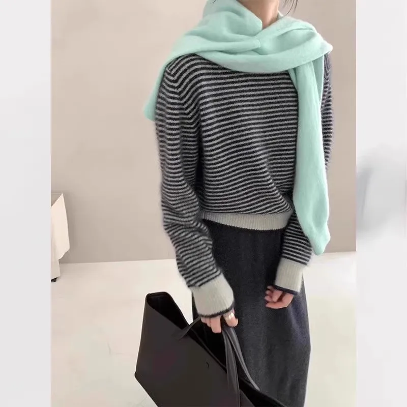 Nouveau Chic femmes col rond pull 100% laine mérinos pull printemps automne doux chaud solide pull femme vêtements rayé hauts à la mode