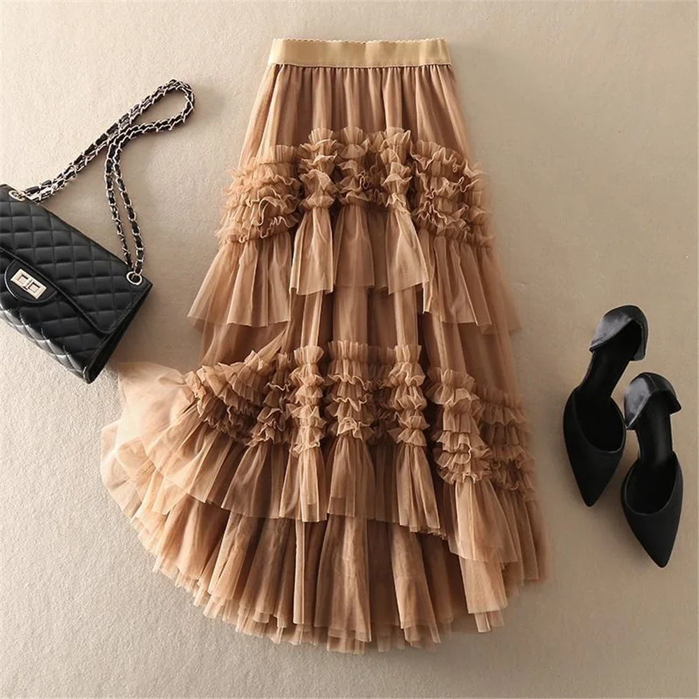 Fashion Princess Lace Ruffles Mesh Skirt Sweet Ladies Girl Midi Ball Gown Tulle Skirt Spring Summer Women Asymmetrial Long Skirt