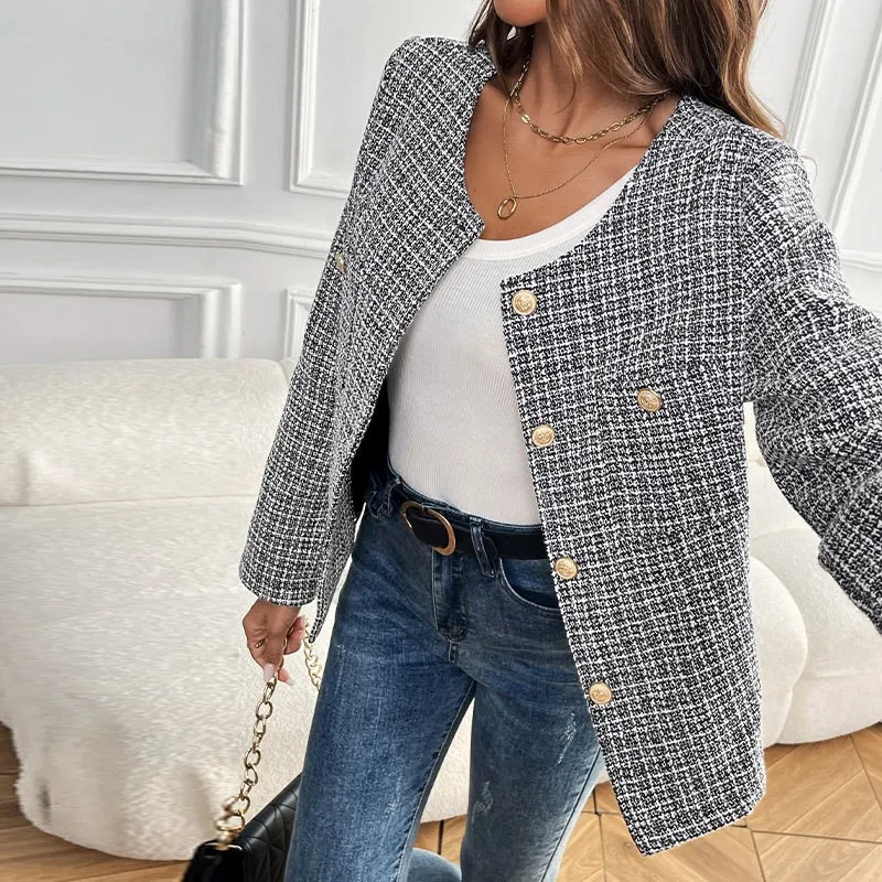 Checkered Suit Plaid Regular Length Elegant with Round Neck Loose Fit Checkered Pattern Medium Weight Single Women Autumn Coat