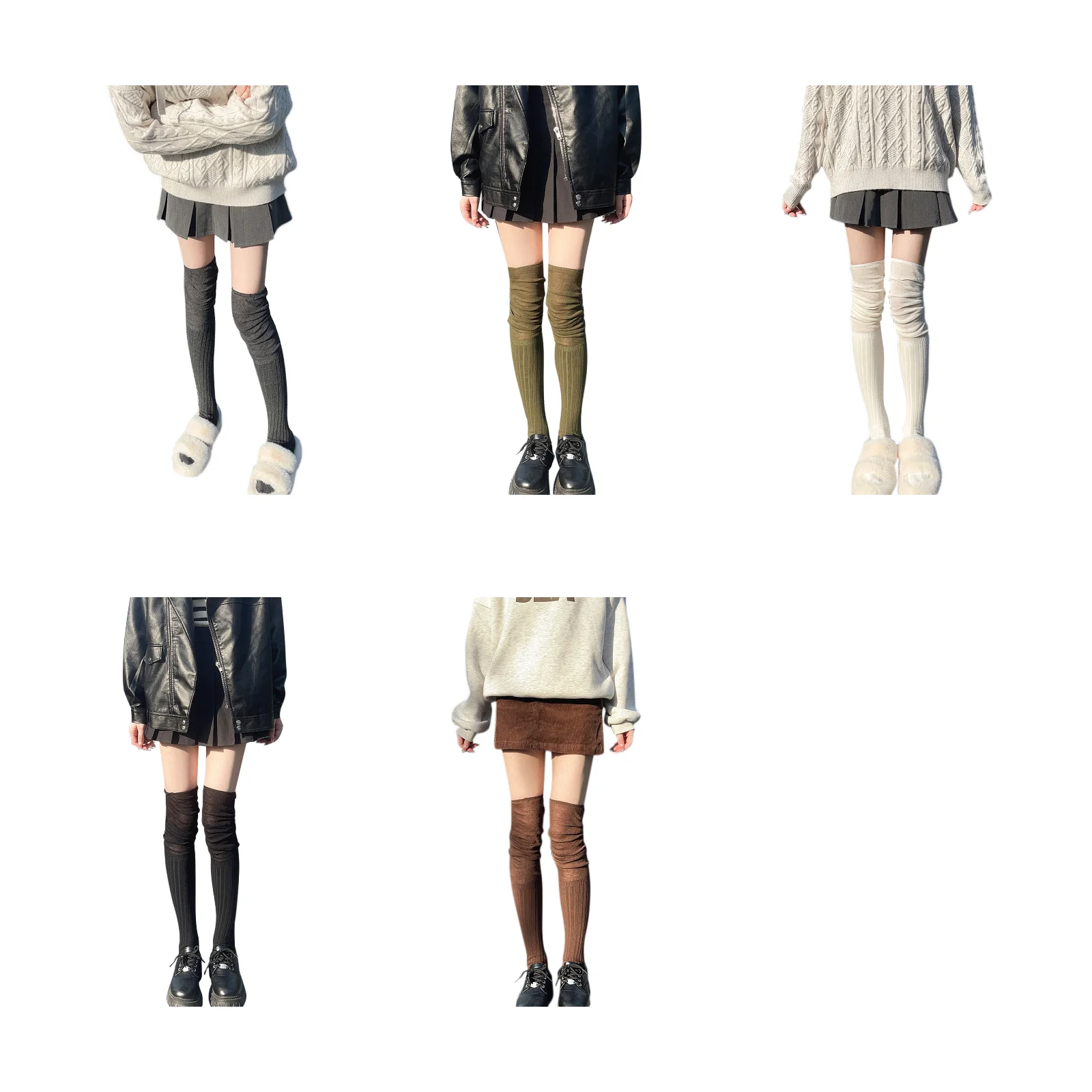 

Dark heather gray/military green/milk white/black/coffee 5-color over-the-knee socks set, 1 pair each