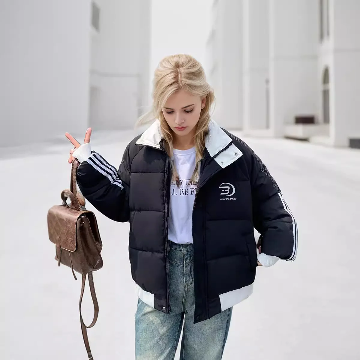 2024 Winter Down Cotton Coat Street Style Jacket American Style Splicing Loose Fit Sports Stripe Color Blocking Coat Female