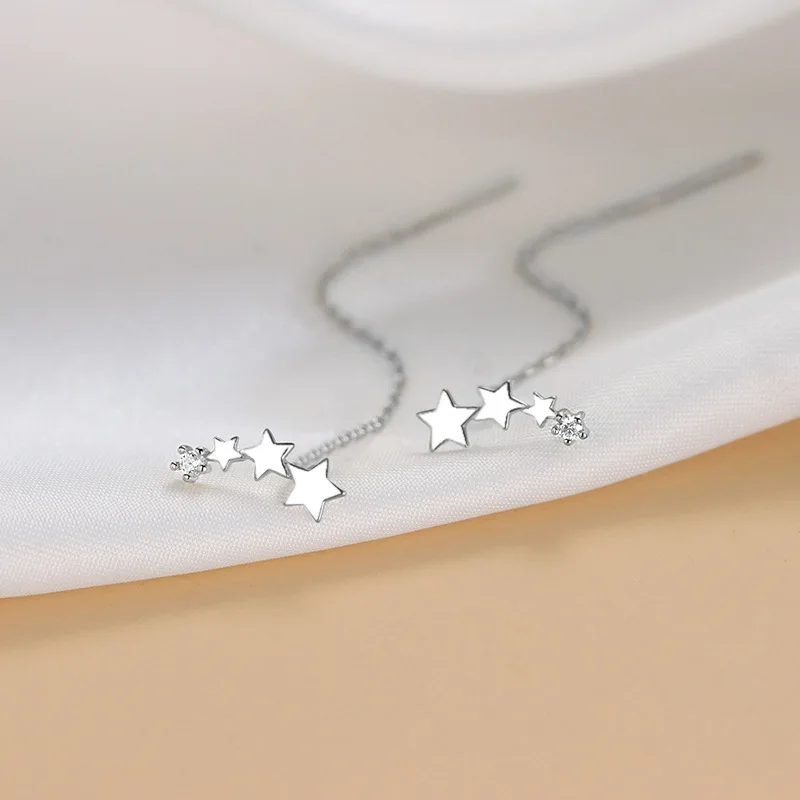 Temperament 925 Sterling Silve Tiny Zircon Long Tassel Star Dangle Earrings for Women Korean Earrings Party Jewelry Accessories