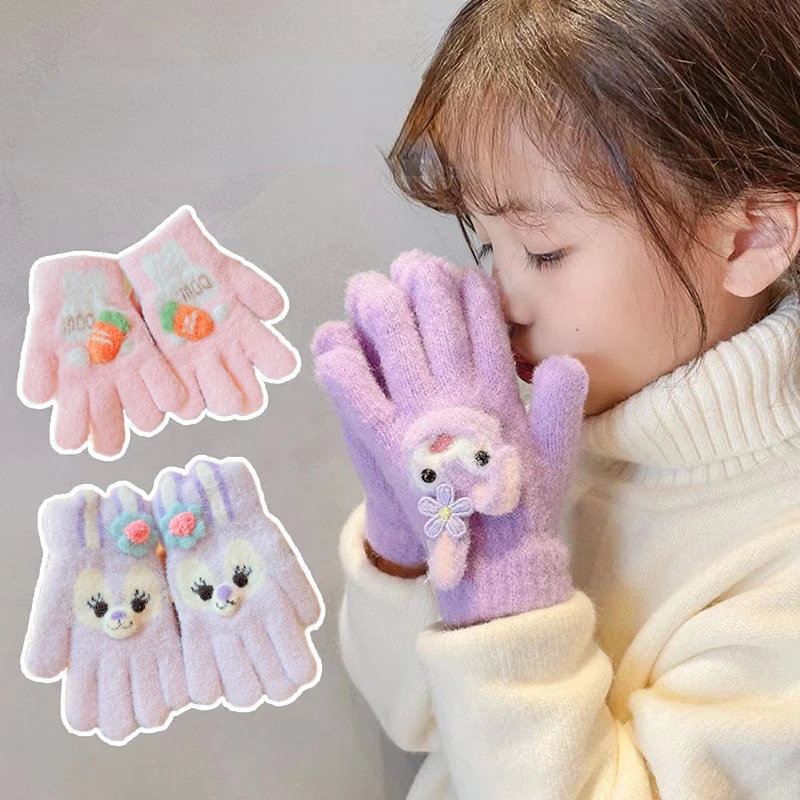 Winter New Baby Girls Sweet Soft Cartoon Knitted Yarn Keep Warm Gloves Children Lovely Five Finger Gloves Kids Fashion Gloves